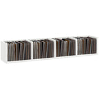 White wall-mount media storage shelf with four open cubby compartments for discs