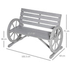 Charcoal grey 2-seater wooden bench on wagon-wheel legs with slatted back
