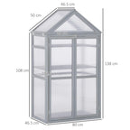 Grey cold frame greenhouse front view with double doors and internal shelves