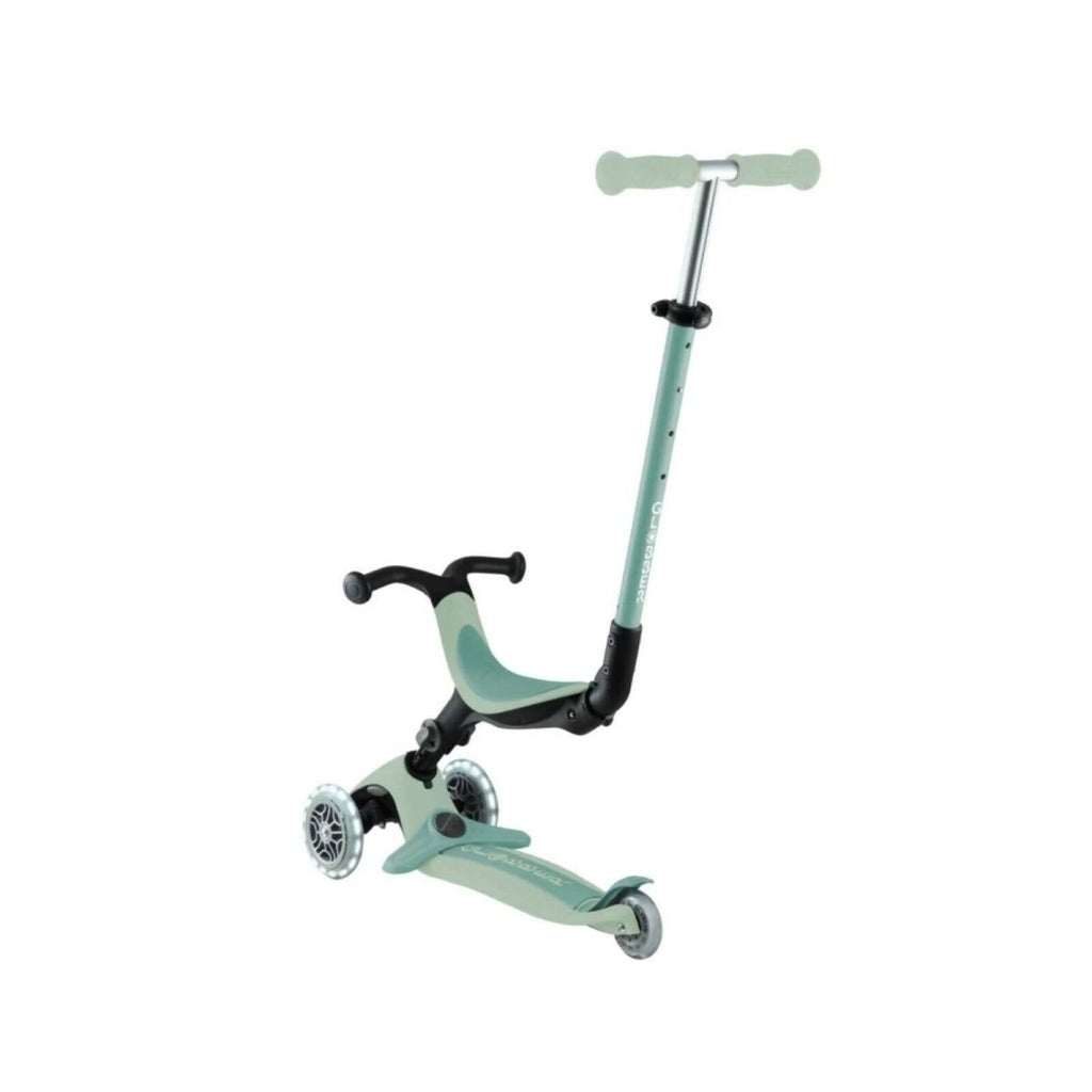 Pistachio mint kids’ scooter three-quarter view with black handlebar and deck