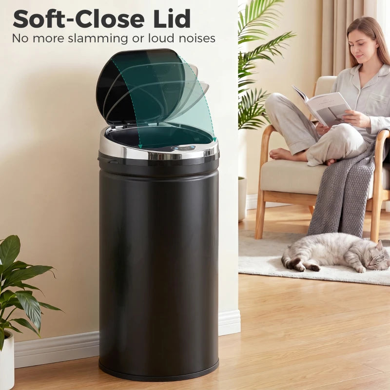 Black trash can with soft-close lid open, showing stainless inner rim