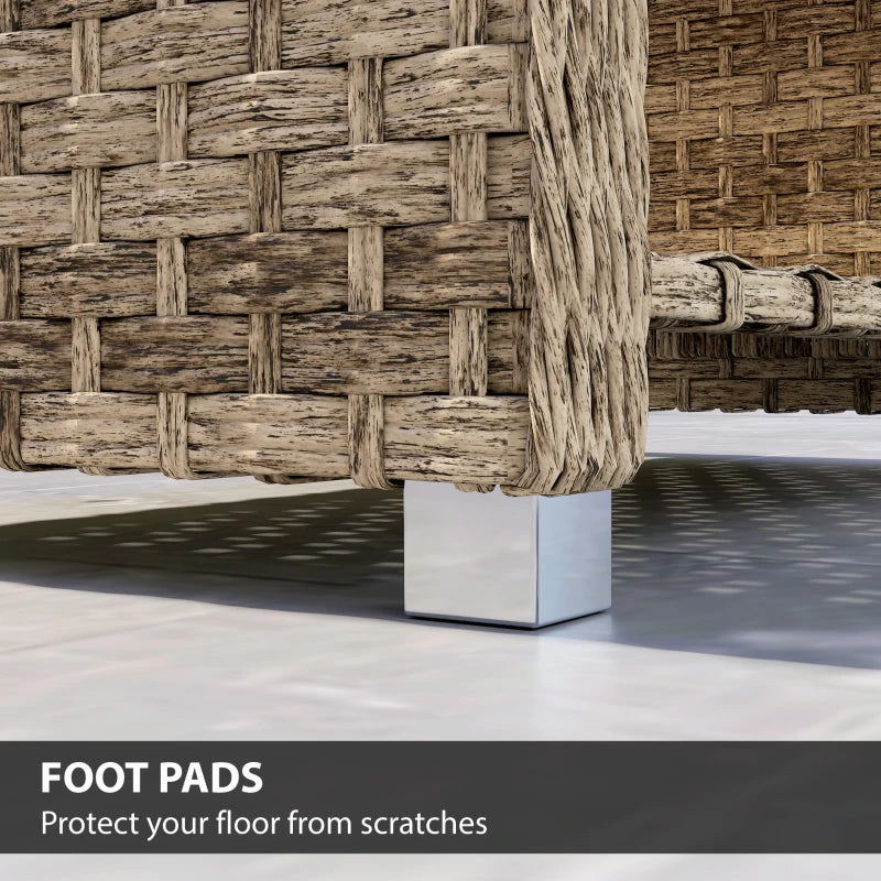 Foot pad view on light brown PE rattan outdoor coffee table with textured woven body
