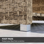 Foot pad view on light brown PE rattan outdoor coffee table with textured woven body