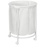 White steel laundry bin with removable fabric liner and four wheeled feet