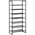 Black 8-tier freestanding shoe rack with mesh shelves and steel frame