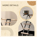 Black bird stand details: wood perch and ladder with stainless-steel bowls
