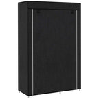 Black foldable fabric wardrobe with front door and metal frame supports.