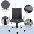 Dark grey office chair with linen-look fabric, thick padding, and wheeled white base