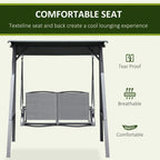 Two-seat swing bench with texteline seat and backrest under a dark grey canopy