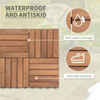 Brown interlocking wood deck tiles with drainage gaps and non-slip black base connectors