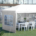 White pop-up party gazebo with sidewalls, window panels, and outdoor dining chairs
