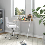 White faux leather office chair with swivel wheels next to white storage desk