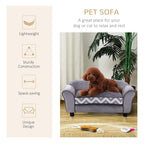 Grey pet sofa bed with chevron cushion; lightweight compact design icons