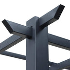 Black metal pergola top beam connector with vertical post and angular braces