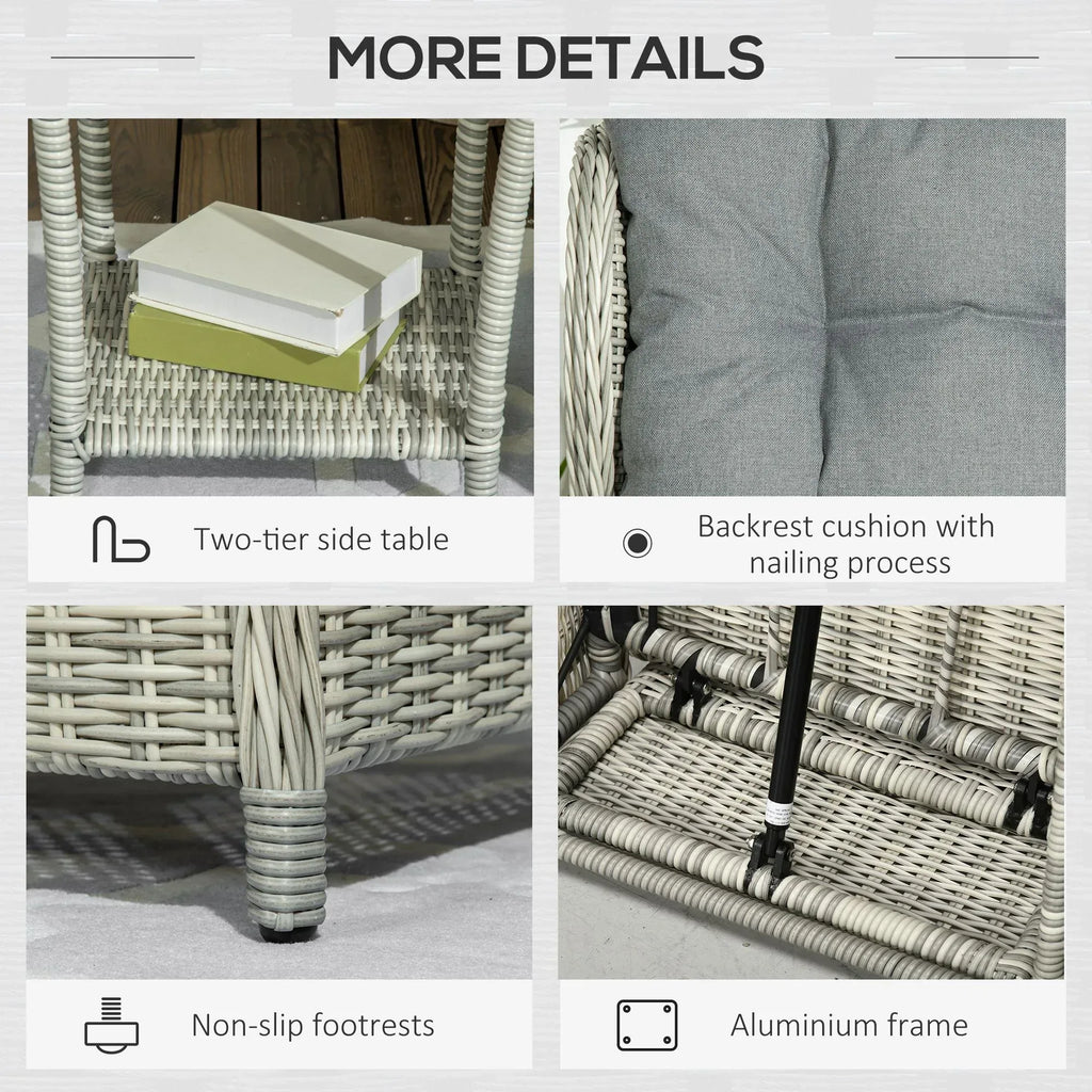 5 Pieces Rattan Bistro Set with Adjustable Back, Reclining Wicker Balcony Furniture with Cushions, Glass Top Coffee Table and Footstools, Outdoor Table and Chairs, Grey - Bobobiy