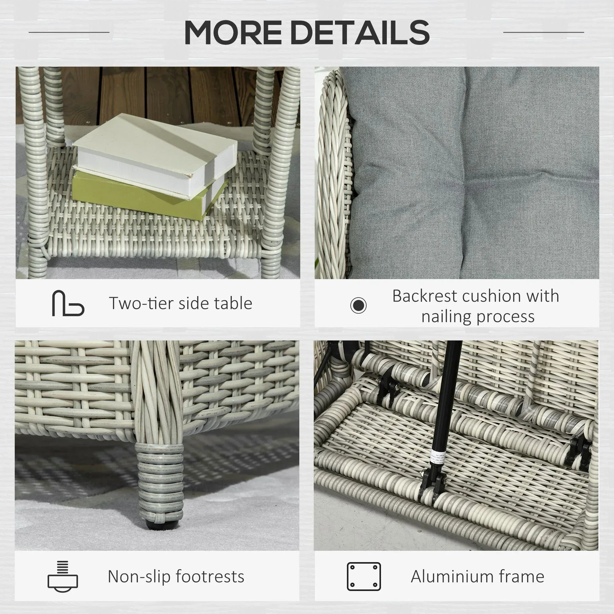 5 Pieces Rattan Bistro Set with Adjustable Back, Reclining Wicker Balcony Furniture with Cushions, Glass Top Coffee Table and Footstools, Outdoor Table and Chairs, Grey - Bobobiy