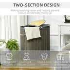 Grey bamboo laundry basket with lid, two-section design icons overlay