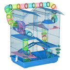 Blue 5-tier hamster cage with colorful wheel, tubes, and ladders