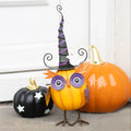 Orange Metal Owl Ornament with Witch Hat and Ghost - Bobobiy