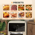 Cream air fryer oven with 8 preset icon tiles and control panel