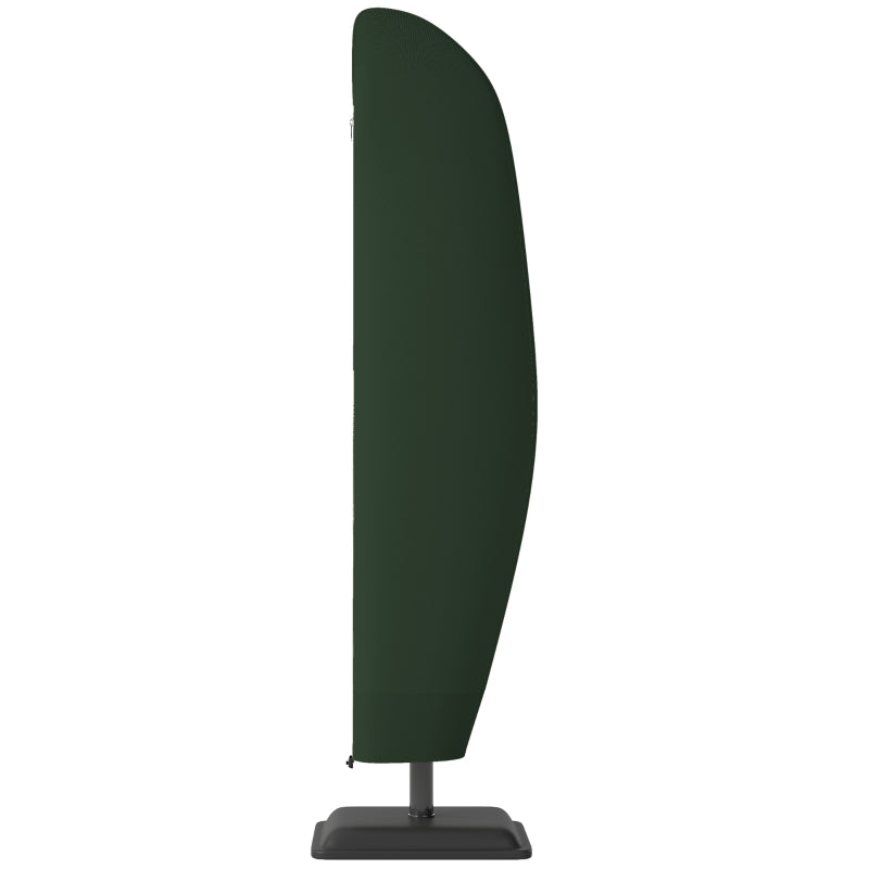 Green cantilever umbrella cover with tapered canopy shape and zippered front