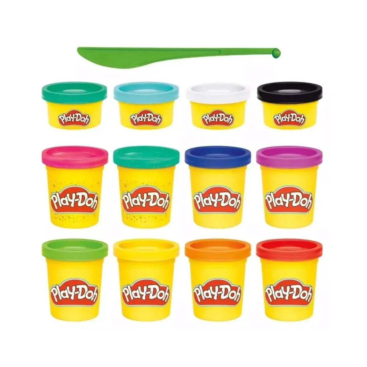 Multicolour Play-Doh clay tubs set of 12 with green plastic scoop