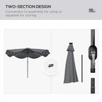 Dark grey patio umbrella canopy with LED lights shown in two-section design