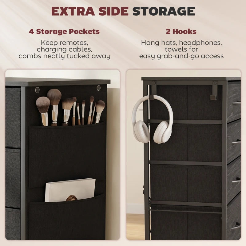 Black tall dresser with 4 side storage pockets and 2 top hooks for hanging items.