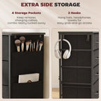Black tall dresser with 4 side storage pockets and 2 top hooks for hanging items.