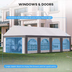 Light grey marquee gazebo with white roof and blue-tinted arched window panels