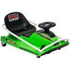 Green 24V electric drift go-kart with black seat and steering wheel