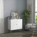 White slim sideboard cabinet with two doors and geometric front panels, brass legs