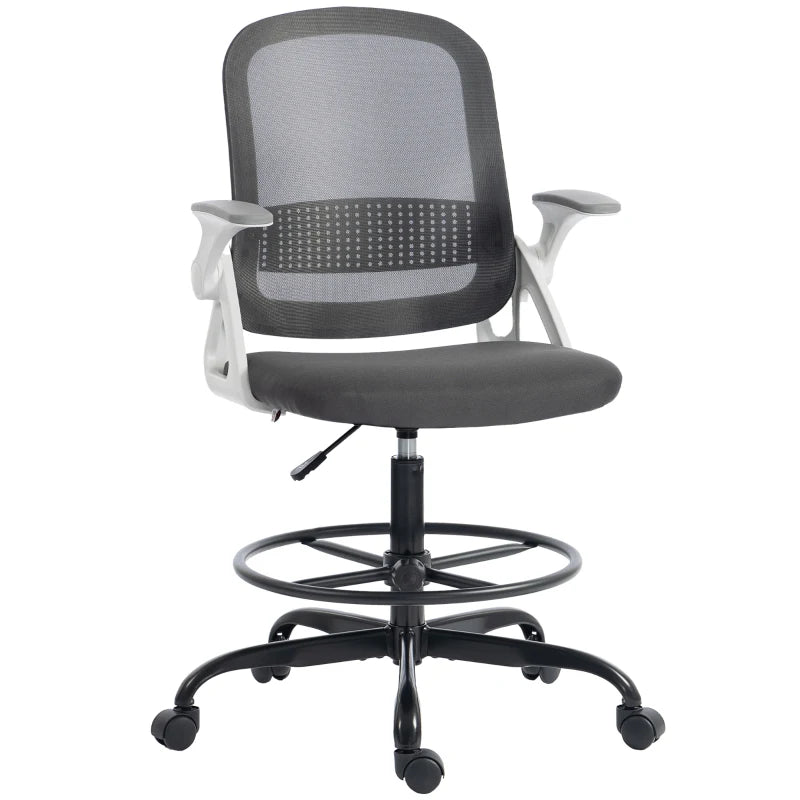 Grey mesh computer chair with flip-up armrests and round swivel base.