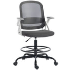 Grey mesh computer chair with flip-up armrests and round swivel base.