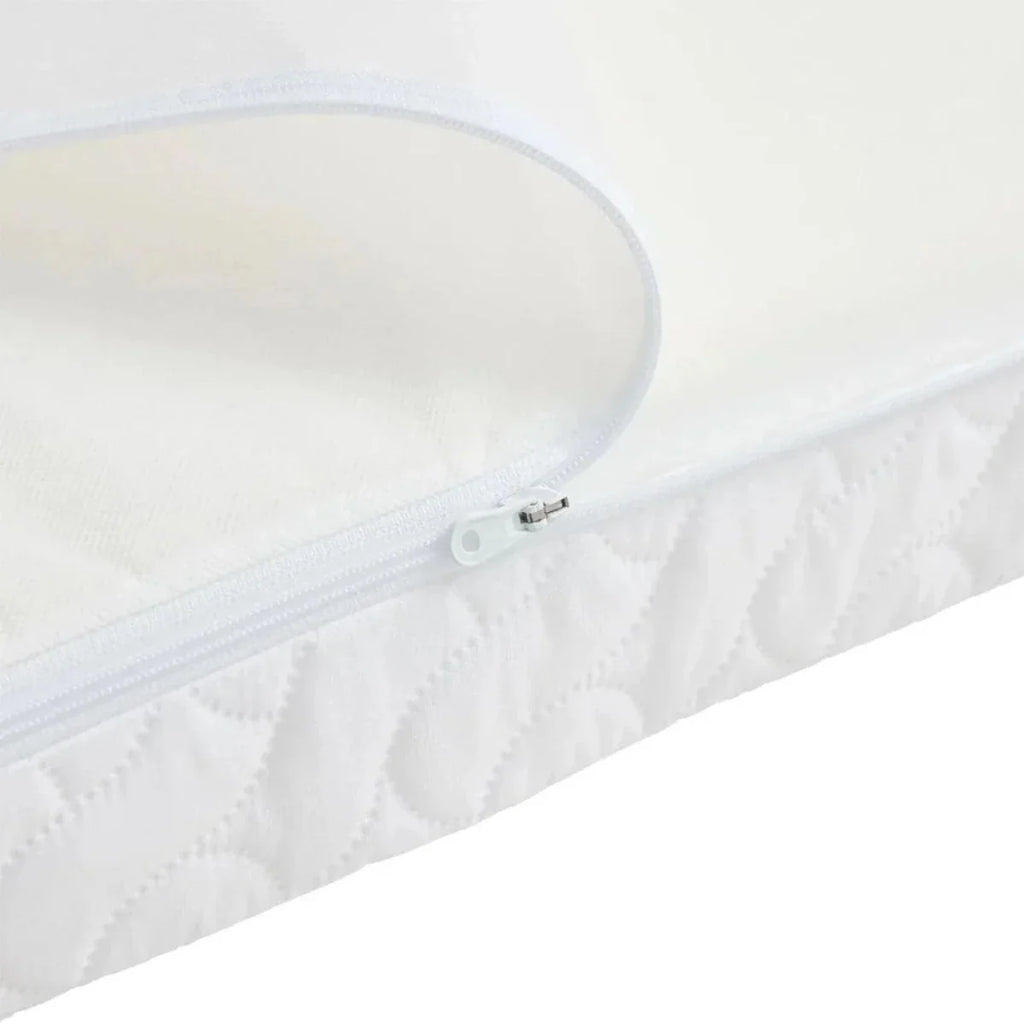 White mattress cover with visible zipper and stitched edge for junior bed extension