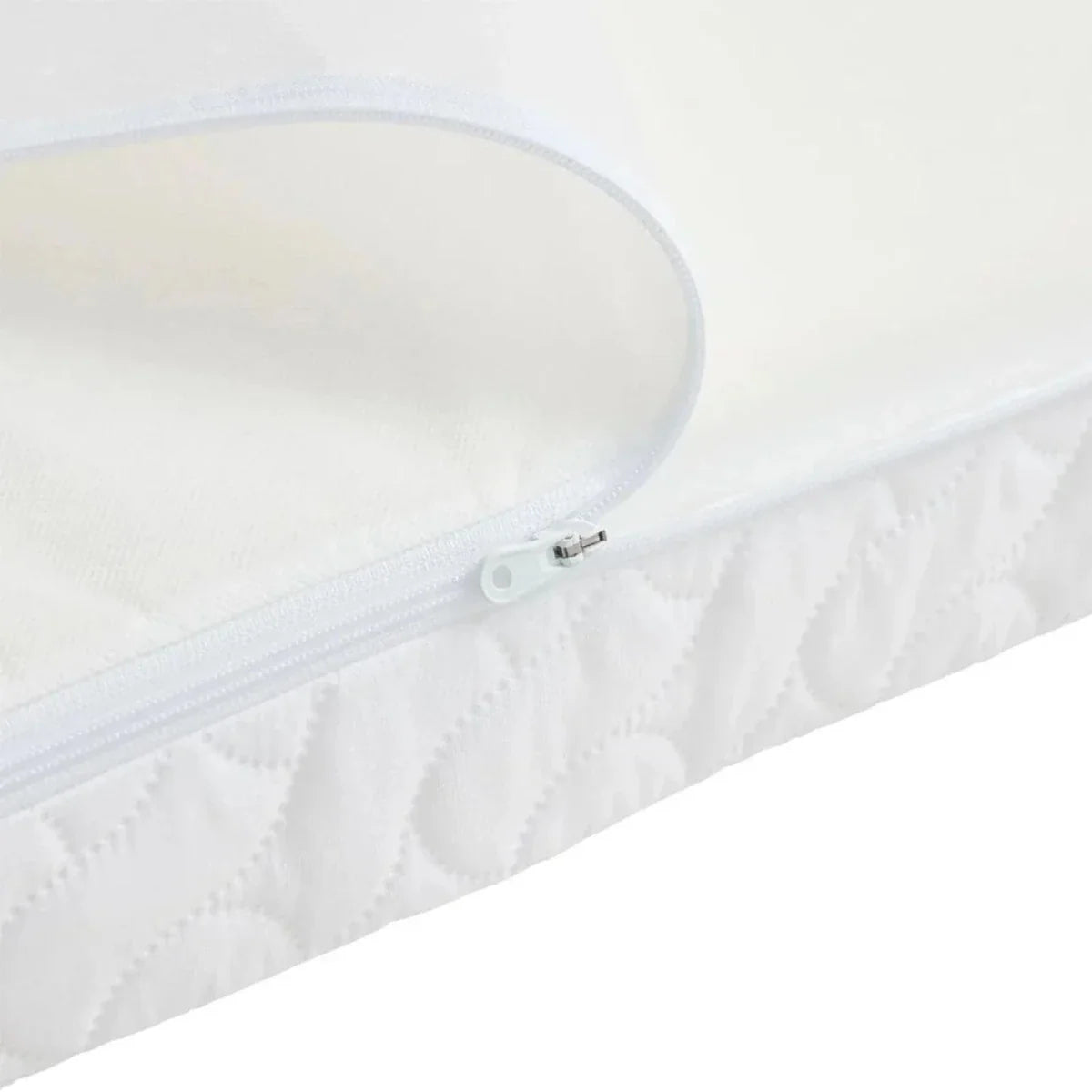 White mattress cover with visible zipper and stitched edge for junior bed extension