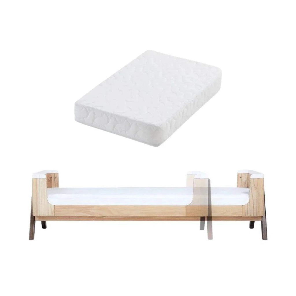 Junior bed extension with mattress, natural wood frame and white mattress pad