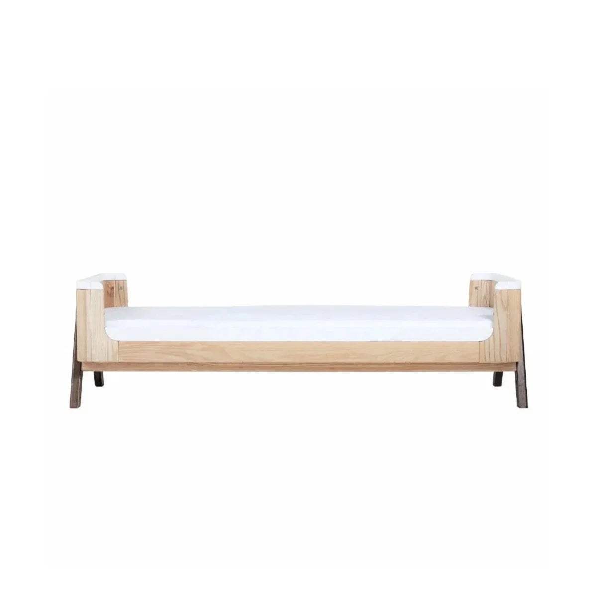 Junior bed extension with natural wood posts and white rail, no bedding