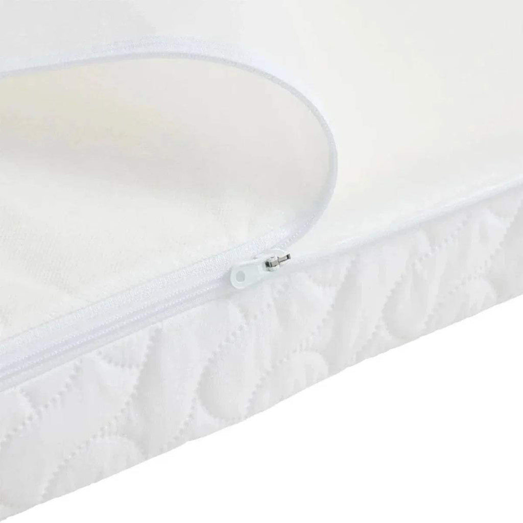 White quilted mattress with visible zipper seam and round zipper pull