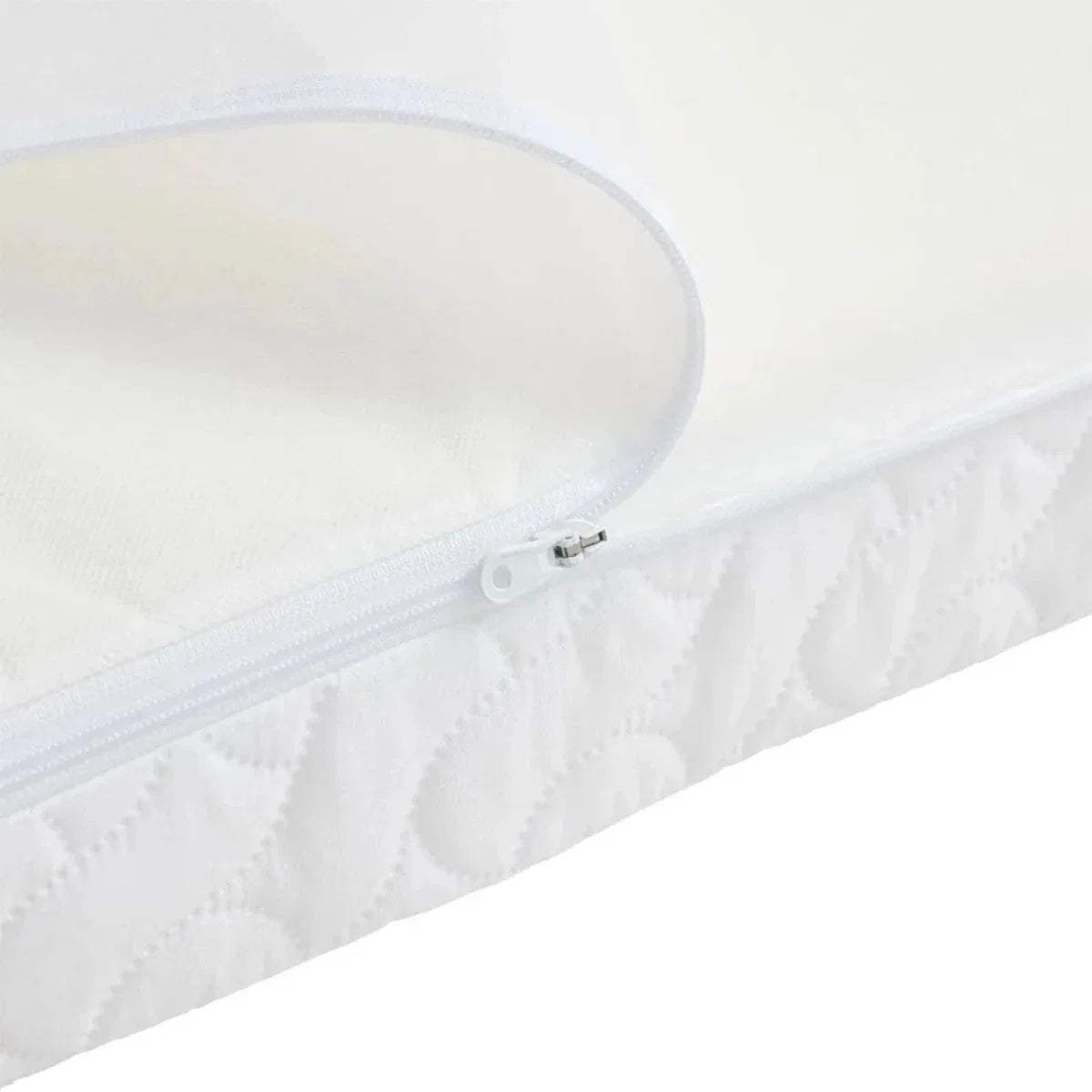 White quilted mattress with visible zipper seam and round zipper pull
