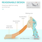 Deer-shaped toddler slide with basketball hoop; side safety zones on ramp and steps