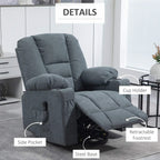 Grey lift recliner chair with side pocket, cup holder, and visible steel base