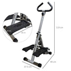 Grey stepper with adjustable handle, black twist pedals, and size dimensions