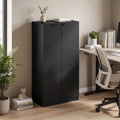 Black two-door tall storage cabinet in an office with modern flat panels
