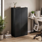 Black two-door tall storage cabinet in an office with modern flat panels