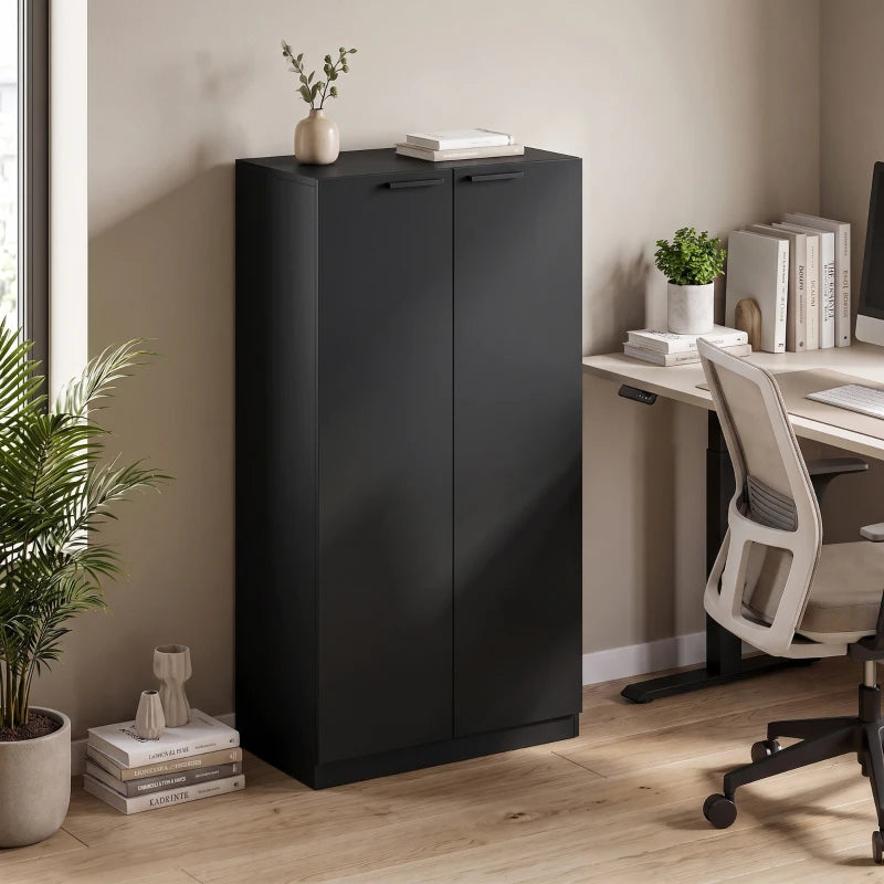 Black two-door tall storage cabinet in an office with modern flat panels