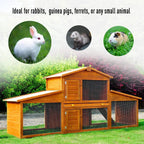 Natural wood two-tier small animal hutch with side wire mesh compartments and central door