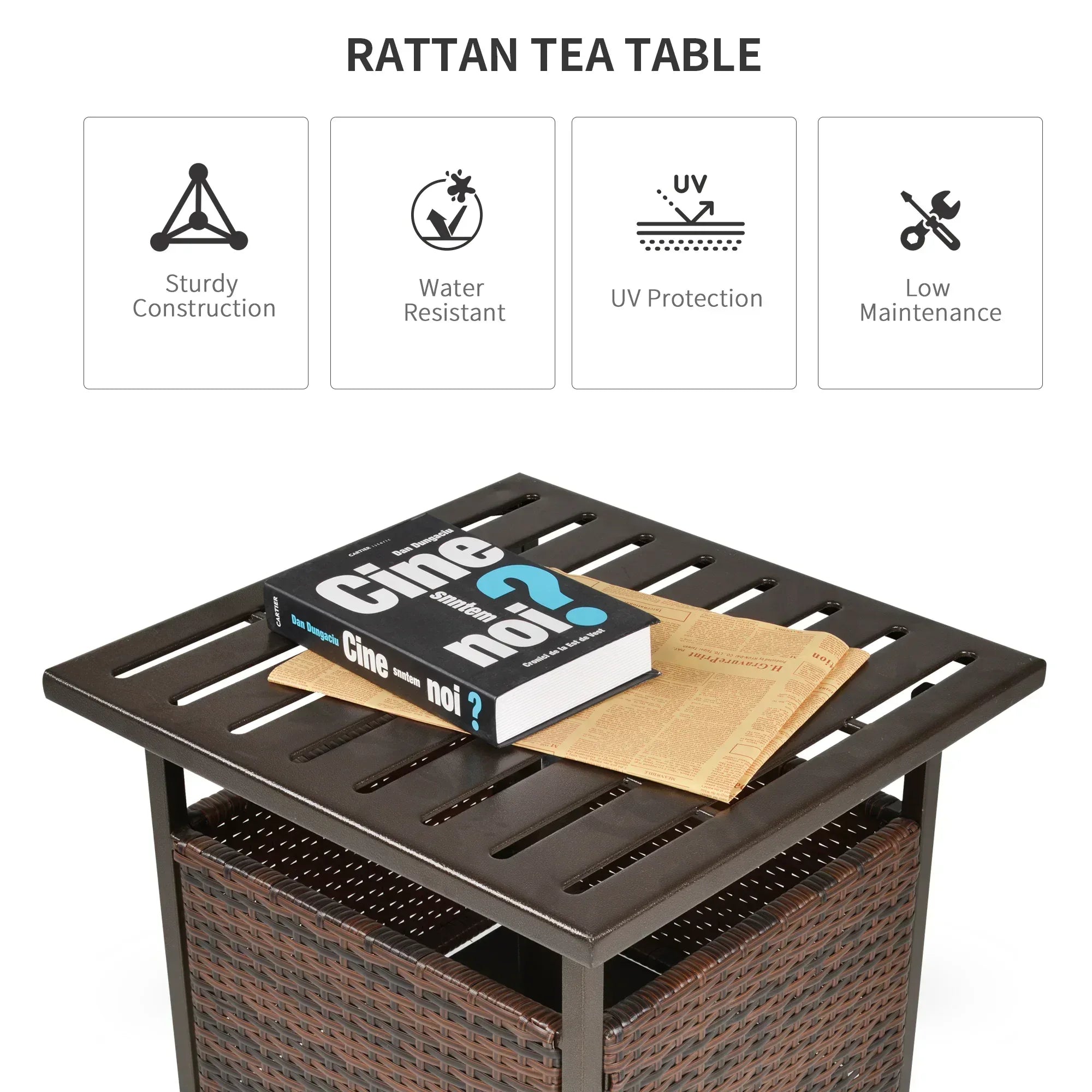 Rattan Garden Coffee Table, 55.5 cm Square Wicker Patio Side Coffee Table with 4 cm Umbrella Hole, Metal Bottom and Slatted Top for Outdoor, Balcony, Brown - Bobobiy