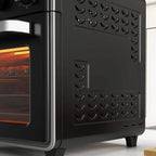 Black mini convection oven side panel with vent pattern and viewing window edge