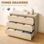 Oak 3-drawer chest with drawers fully extended, showing inner compartments.